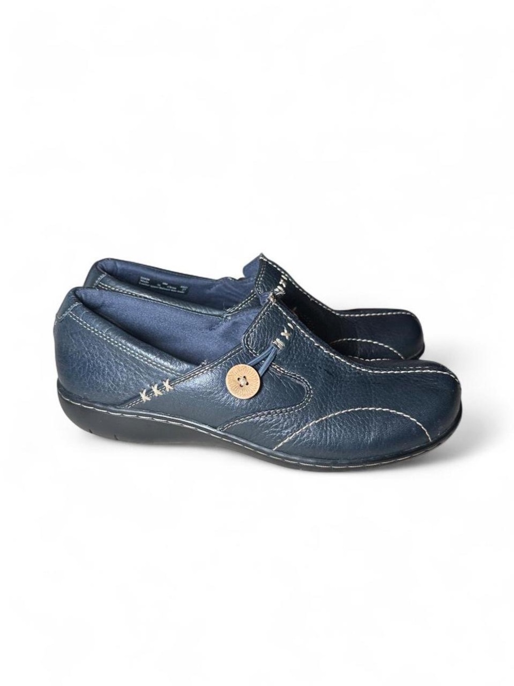 Vintage Clarks Navy Blue Leather Slip On Loafers Cottagecore Academia Minimalist